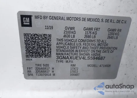2020 Chevrolet Equinox Awd Lt 1.5L Turbo from USA, damaged, VIN 3GNAXUEV4LS594687